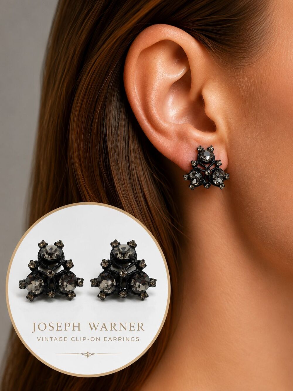 Vintage Joseph Warner Smoky Gray Rhinestone Clip Earrings Black Japanned Signed